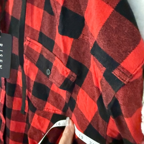 RISEN LOS ANGELES RED & BLACK LONG HOODED FLANNEL SHACKET - Picture 5 of 8